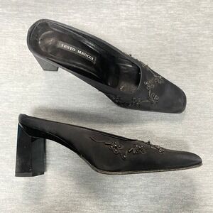 Vintage Sesto Meucci Black Satin Beaded Embellished Mule Heels Sz 7 M Old Money